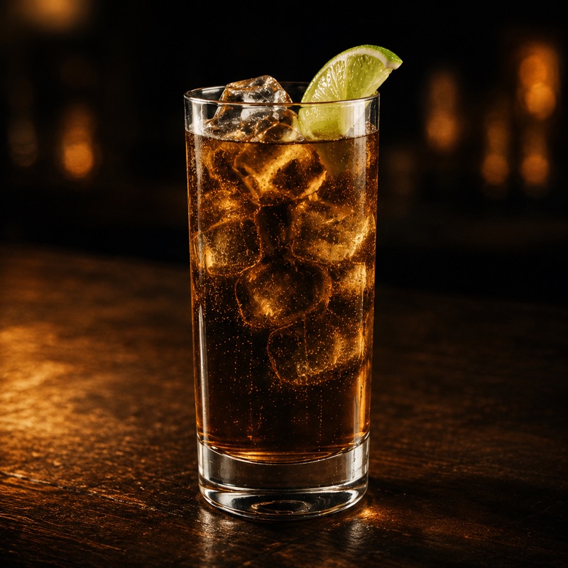 Glenmore & Cola highball with ice and a lime wedge on a dark bar top